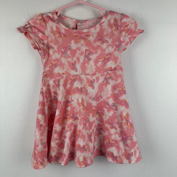 Young Hearts Toddler Girl Baby Butterfly Pattern Pink Short Sleeve Dress 12M - Picture 1 of 10